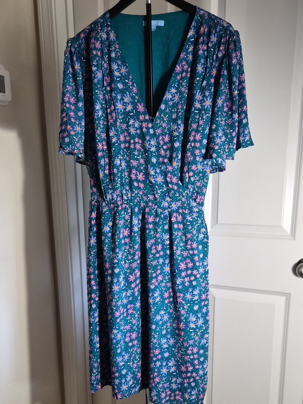 Draper James Teal Floral V-Neck Wrap Dress with Pink Accents